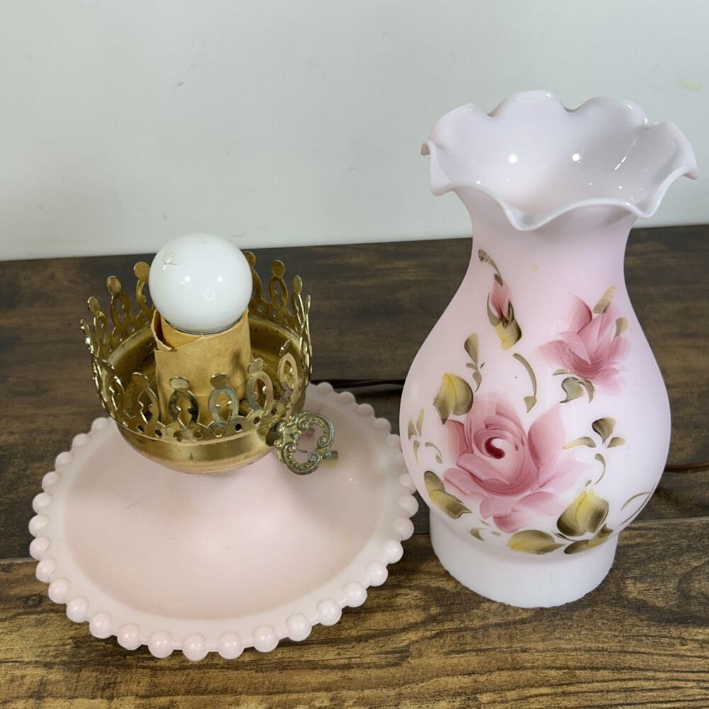 VTG Pink Hurricane Lamp Hand Paint Roses Milk Glass Works 11” Scalloped Hobnail - Picture 9 of 11